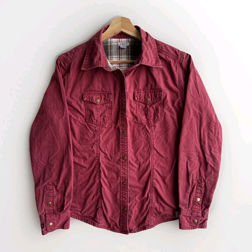 Carhartt Women’s Small Red Shacket Flannel Lined Shirt Jacket Snap Front Casual